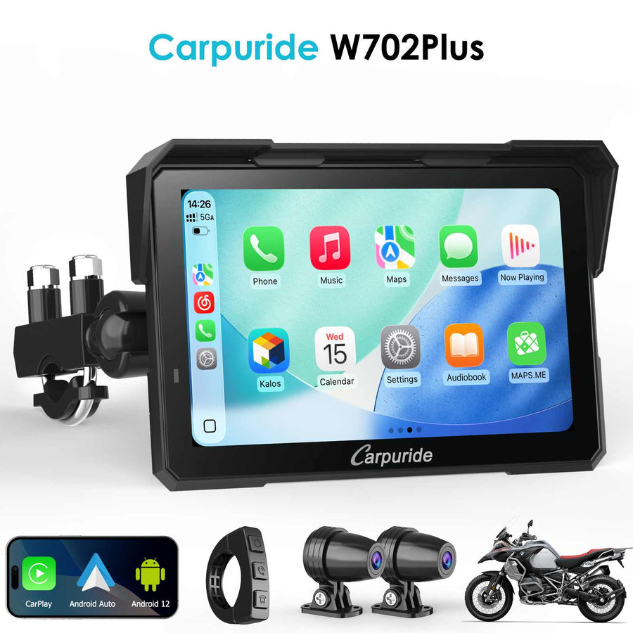 Carpuride W702 Plus Android motorcycle stereo with dual cameras