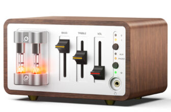 Douk Audio T12 tube phono preamp in a walnut case with VU meter