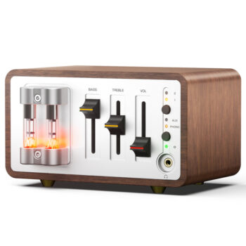 Douk Audio T12 tube phono preamp in a walnut case with VU meter