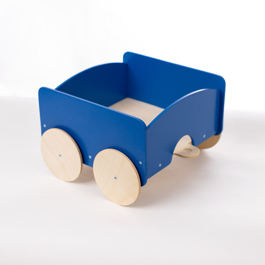 Blue wooden kids toy wagon trailer