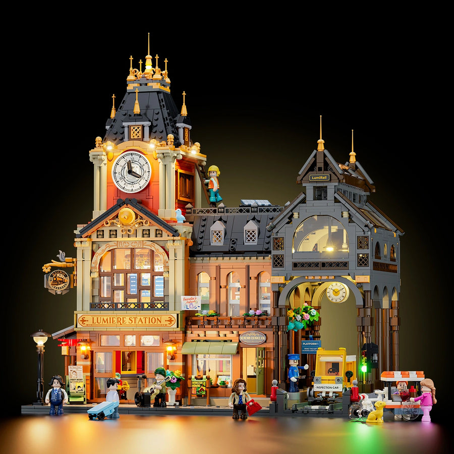 Lumibricks Train Station LED building block set lit at night