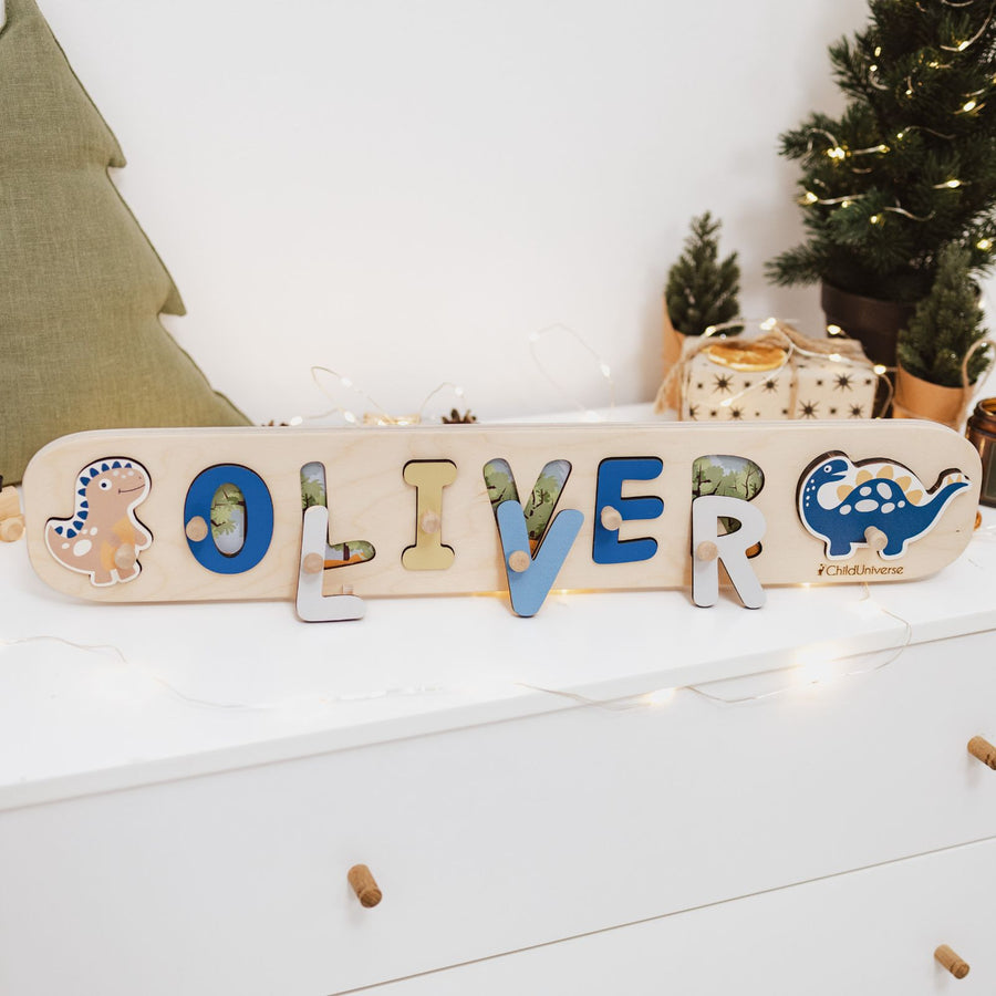 Personalised wooden dinosaur name puzzle for a child