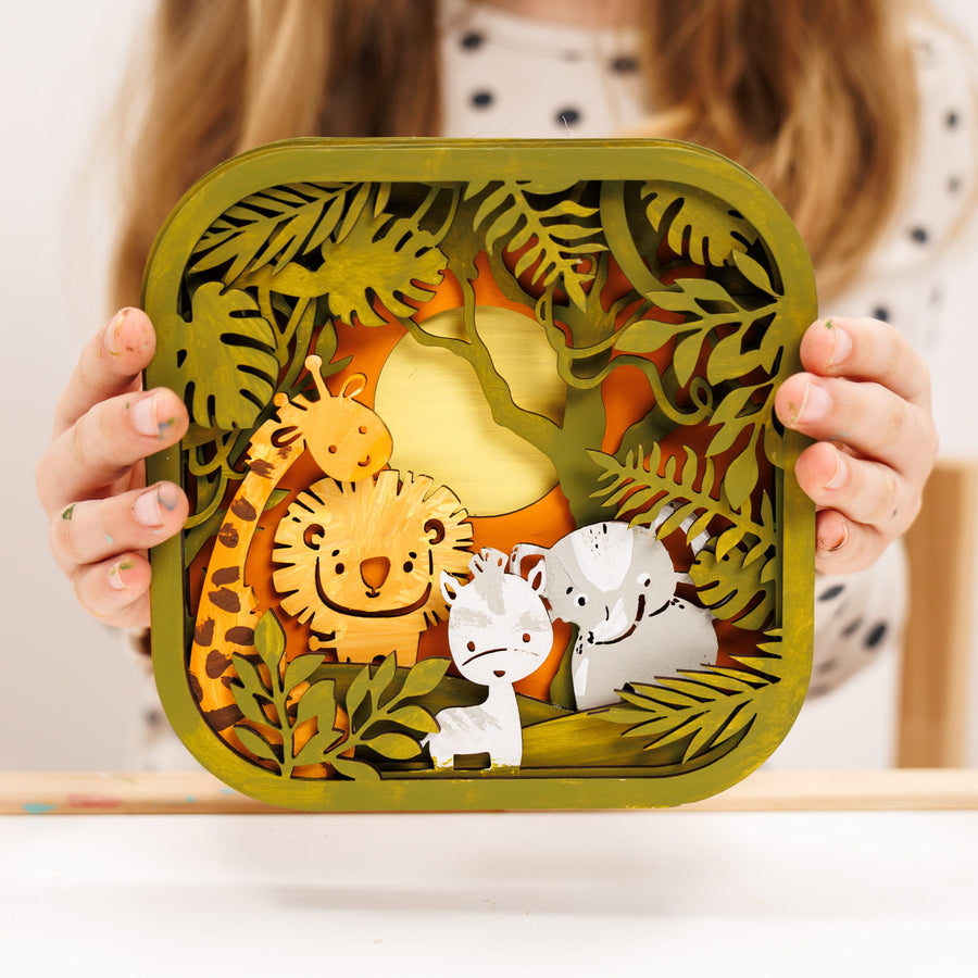 3D DIY wood painting kit for kids with safari animal shapes