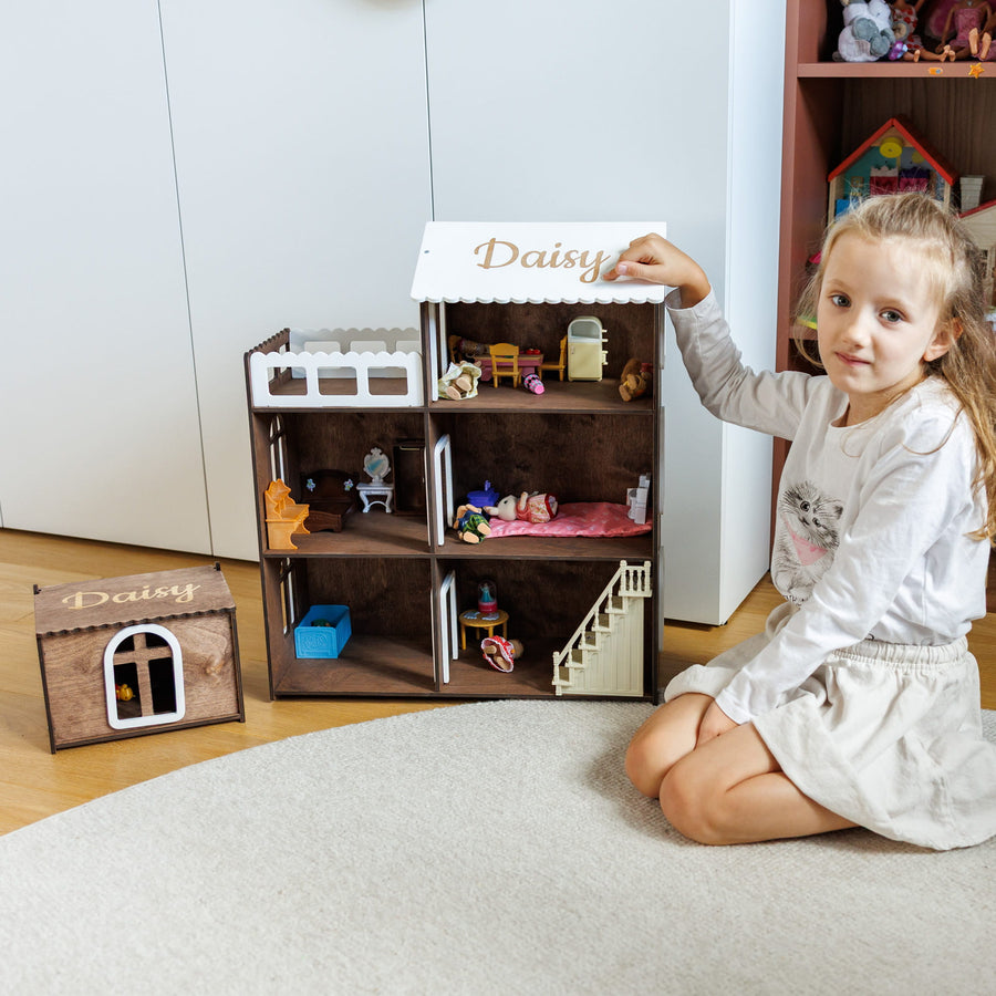 Open sided wooden dollhouse in a dark walnut finish