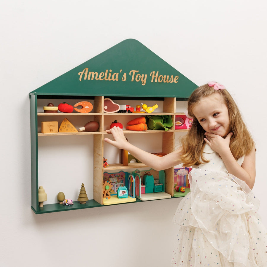 House shaped wooden toy organizer with fabric storage bins